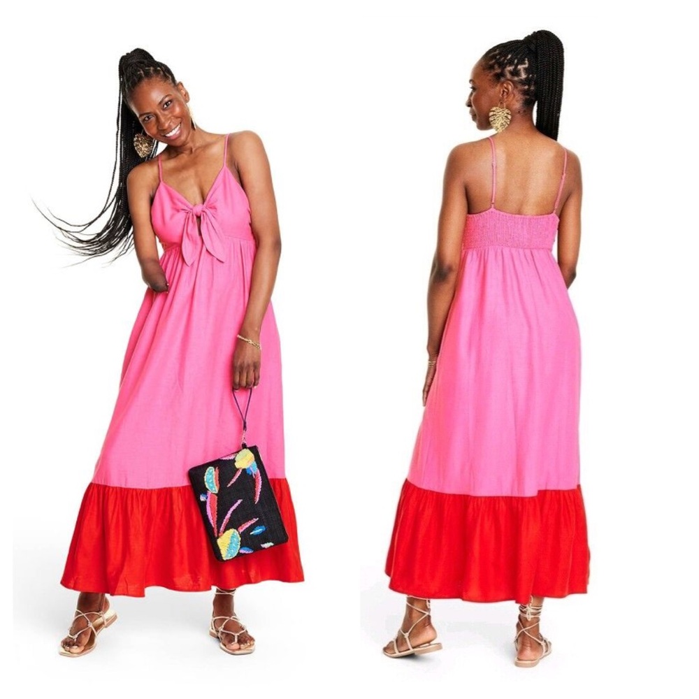 Tabitha Brown x Target Pink Sleeveless Tie Front Peekhole Linen Maxi Dress XXS